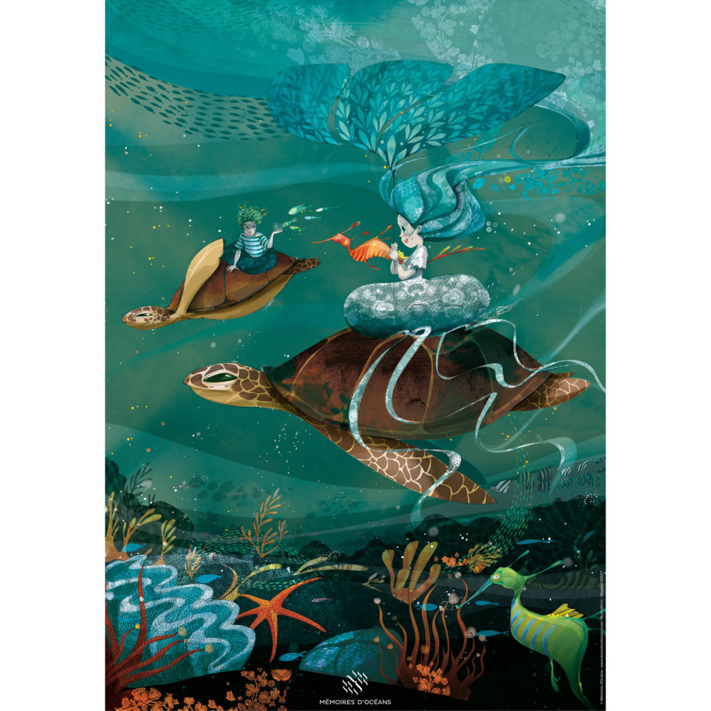 affiche ondine et marin balade à dos de tortue