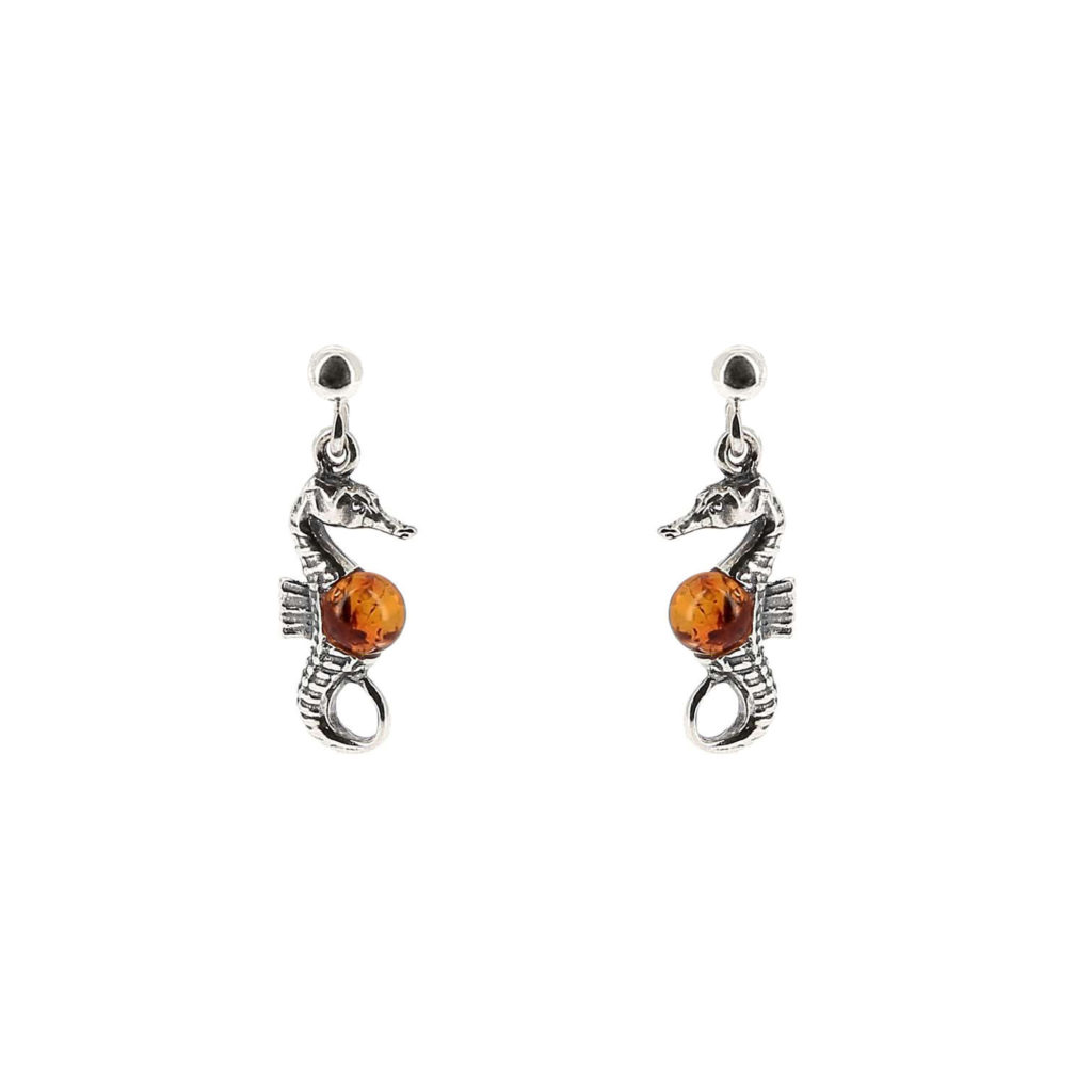 Boucles d'oreilles pendantes hippocampe en ambre et argent