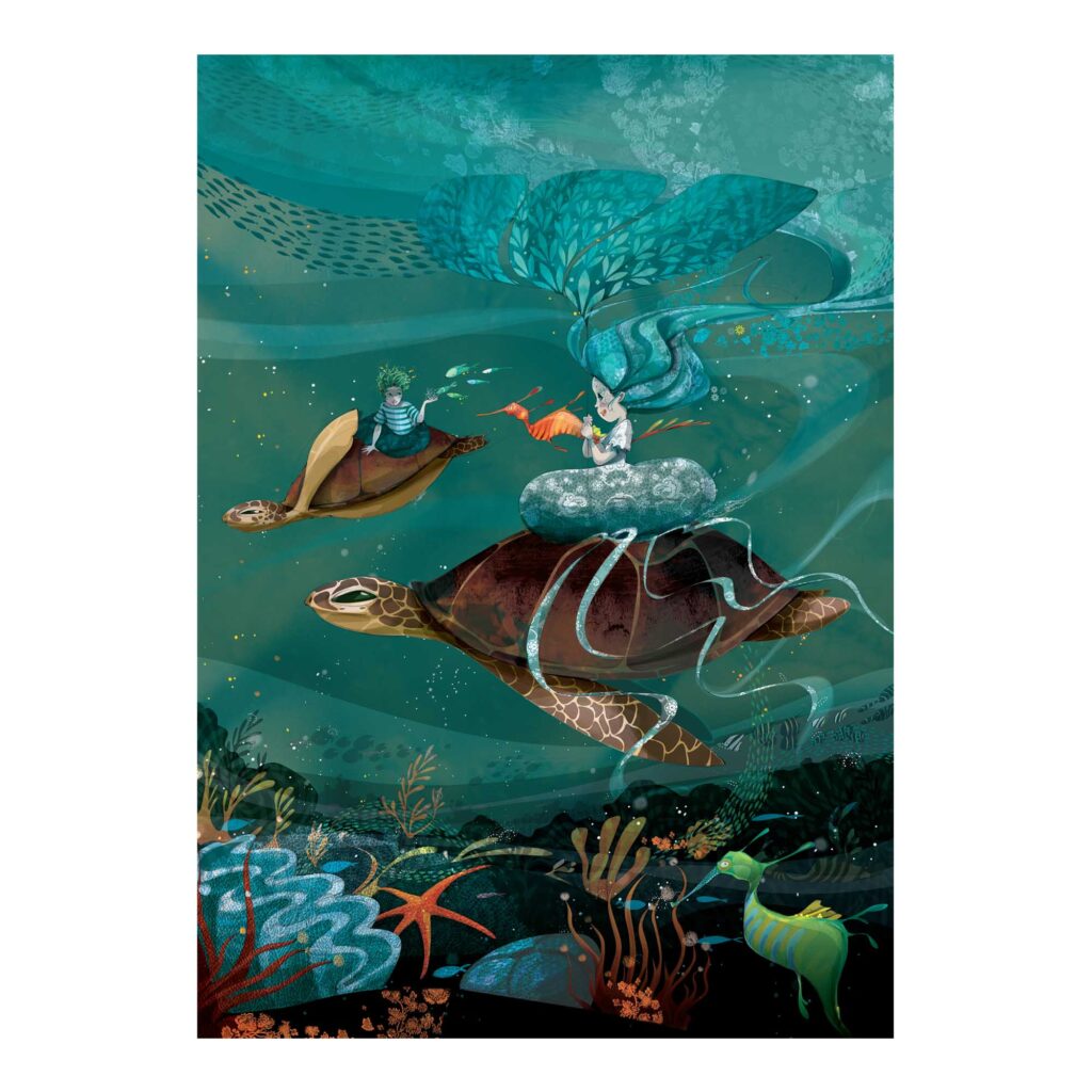 Carte A5 A dos de tortue Ondine et Marin