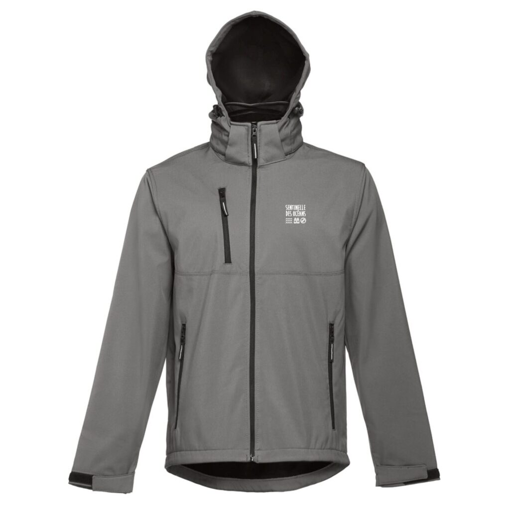 veste softshell-coupe vent-grise-avecpuche-poche devant-étanche